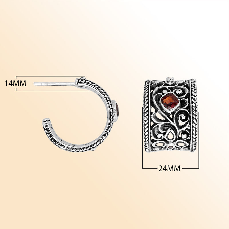 Sterling Silver Garnet Quartz Filigree Half-Hoop Earrings With Ornate Balinese Detailing
