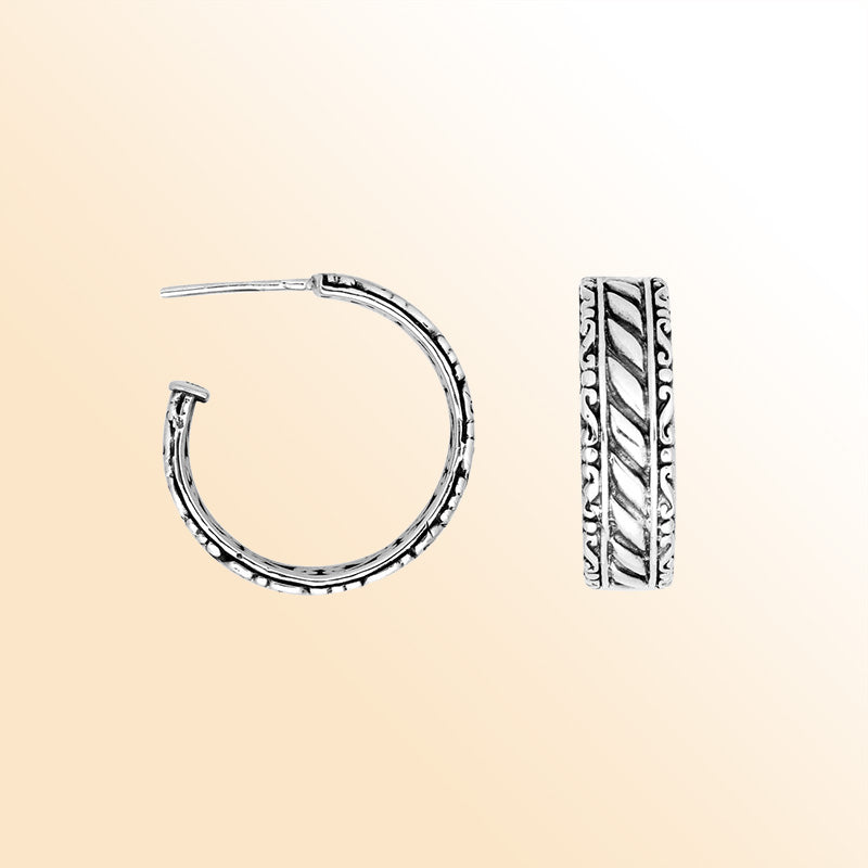 Sterling Silver Twisted Rope And Scroll Half-Hoop Earrings With Oxidized Vintage Finish