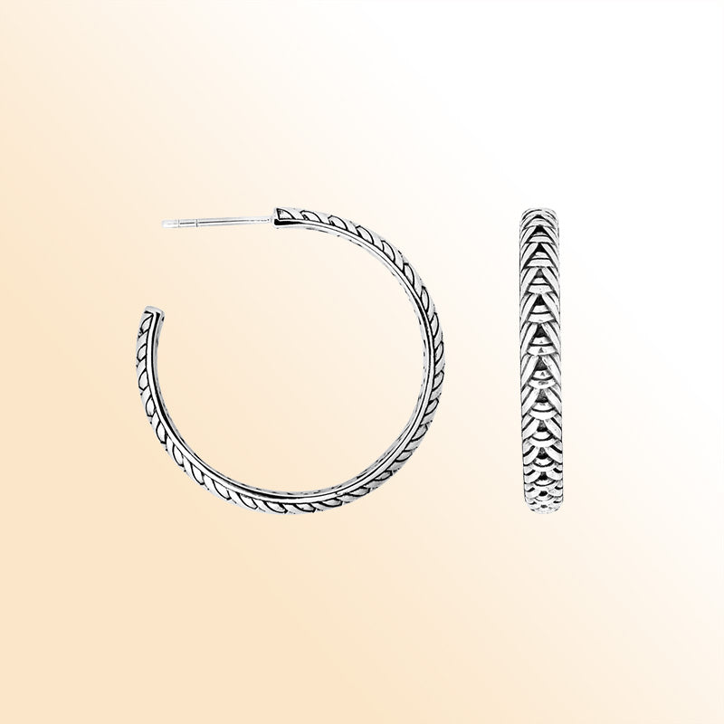 Sterling Silver Leaf Engraved Hoop Earrings With Oxidized Vintage Balinese Finish