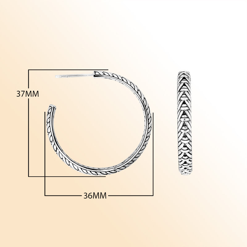 Sterling Silver Leaf Engraved Hoop Earrings With Oxidized Vintage Balinese Finish