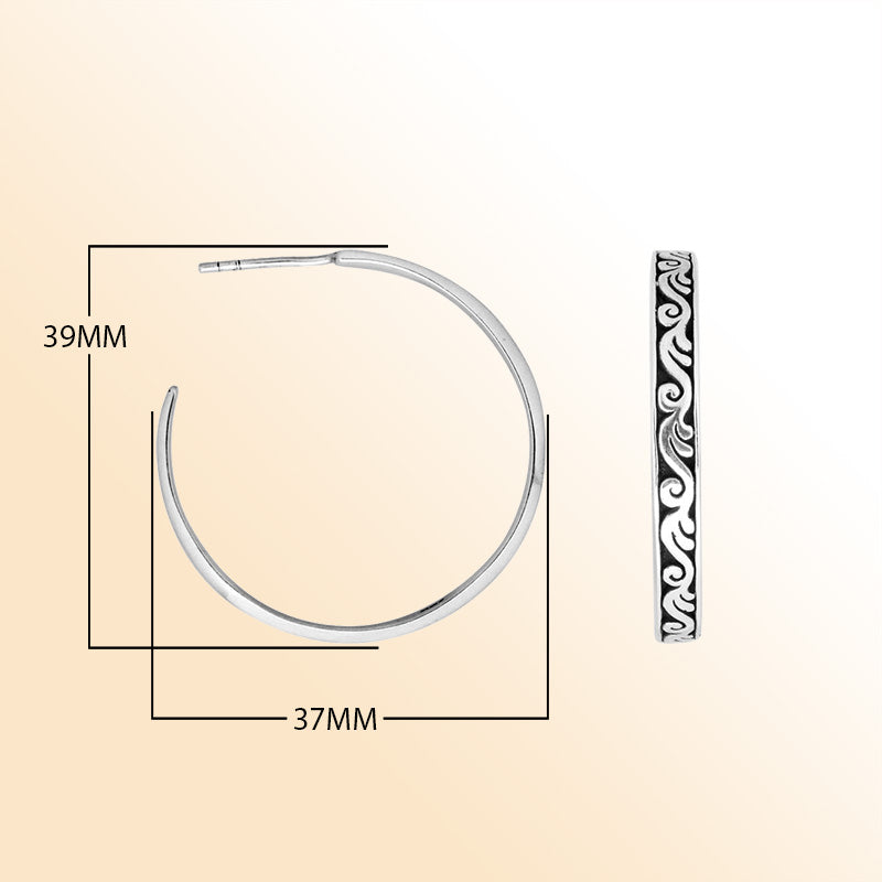 Sterling Silver Swirl Pattern Slim Hoop Earrings With Oxidized Vintage Balinese Detailing