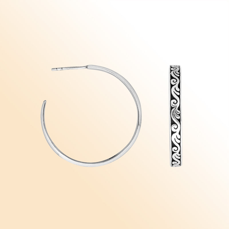 Sterling Silver Swirl Pattern Slim Hoop Earrings With Oxidized Vintage Balinese Detailing