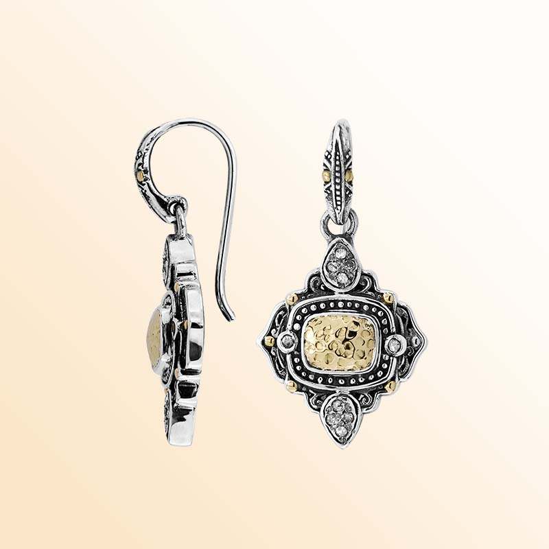 Handcrafted Sterling Silver Heritage Earrings With Gold Hammered Center And Ornate Vintage Detailing