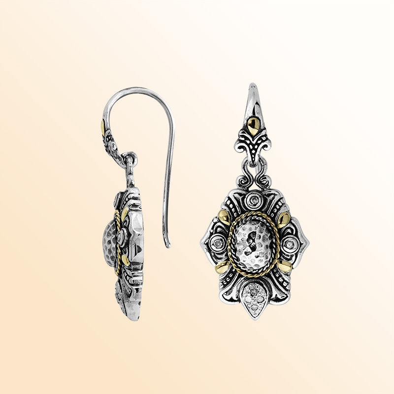 Handcrafted Sterling Silver With 18K Gold Heritage Earrings With Hammered Oval Center And Ornate Detailing
