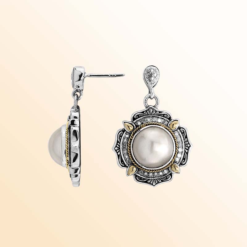 Handcrafted Sterling Silver With 18K Gold Heritage Earrings With Mabe Pearl Center And Ornate Floral Detailing