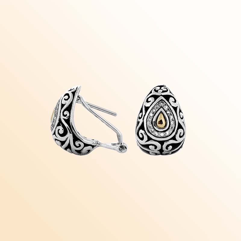 Handcrafted Sterling Silver With 18K Gold Teardrop Heritage Earrings With Diamond Center And Swirl Detailing