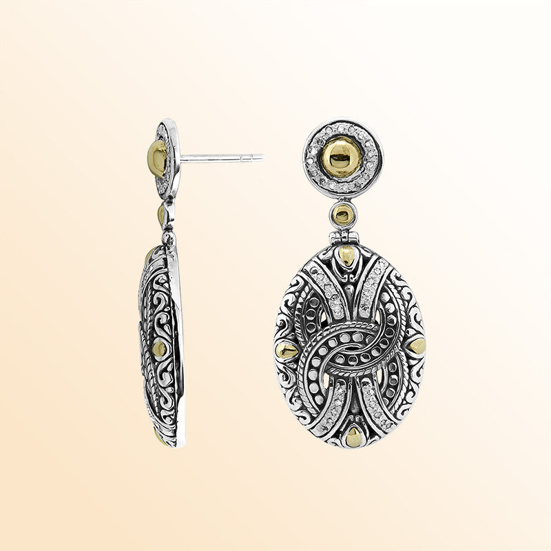 Handcrafted Sterling Silver With 18K Gold Oval Heritage Earrings With Diamond Highlights And Scroll Detailing