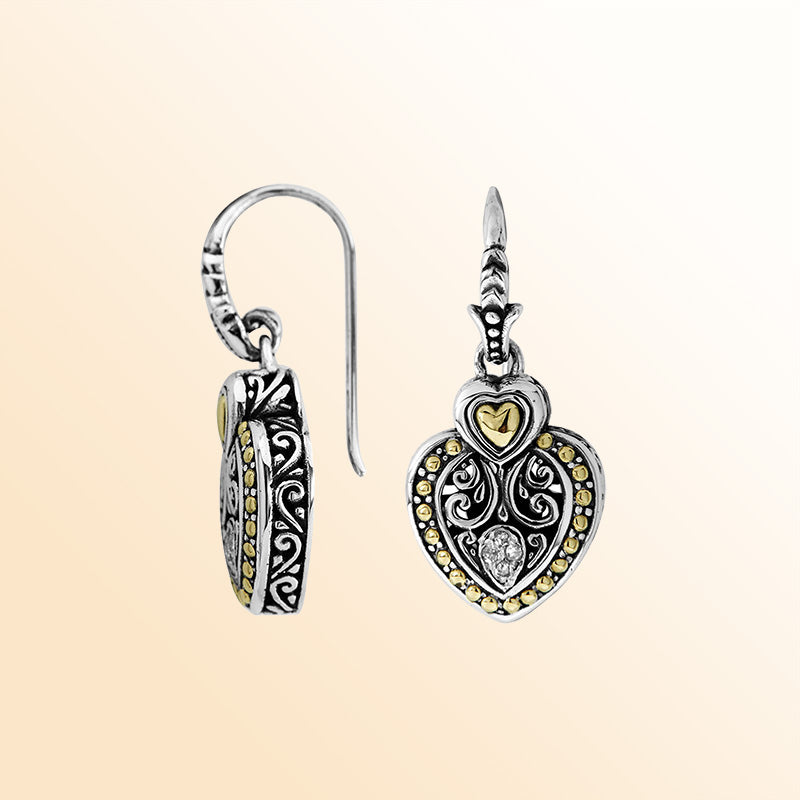 Handcrafted Sterling Silver With 18K Gold Heart Heritage Earrings With Filigree Design And Diamond Accent