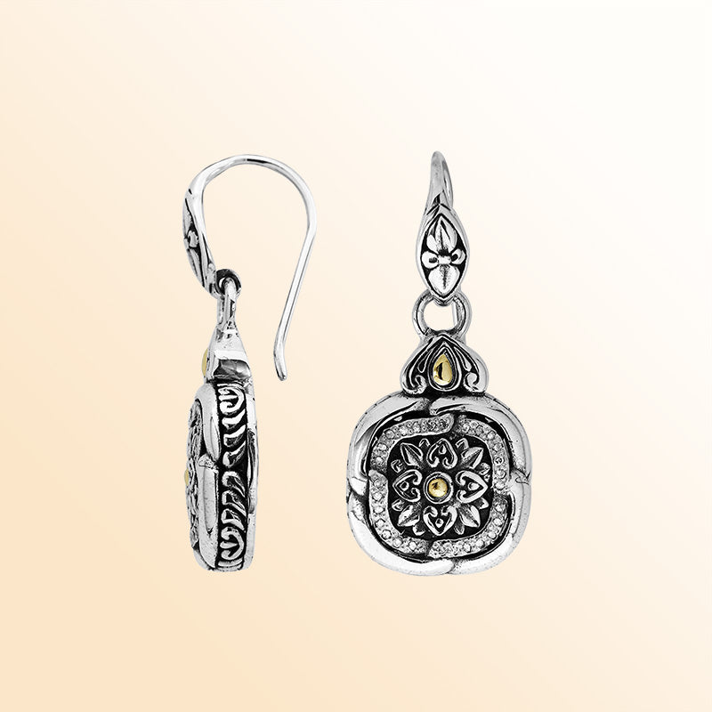Handcrafted Sterling Silver With 18K Gold Floral Mandala Heritage Earrings With Diamond Highlights