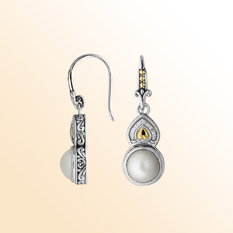 Handcrafted Sterling Silver With 18K Gold Pearl Heritage Earrings With Heart Top And Diamond Accents