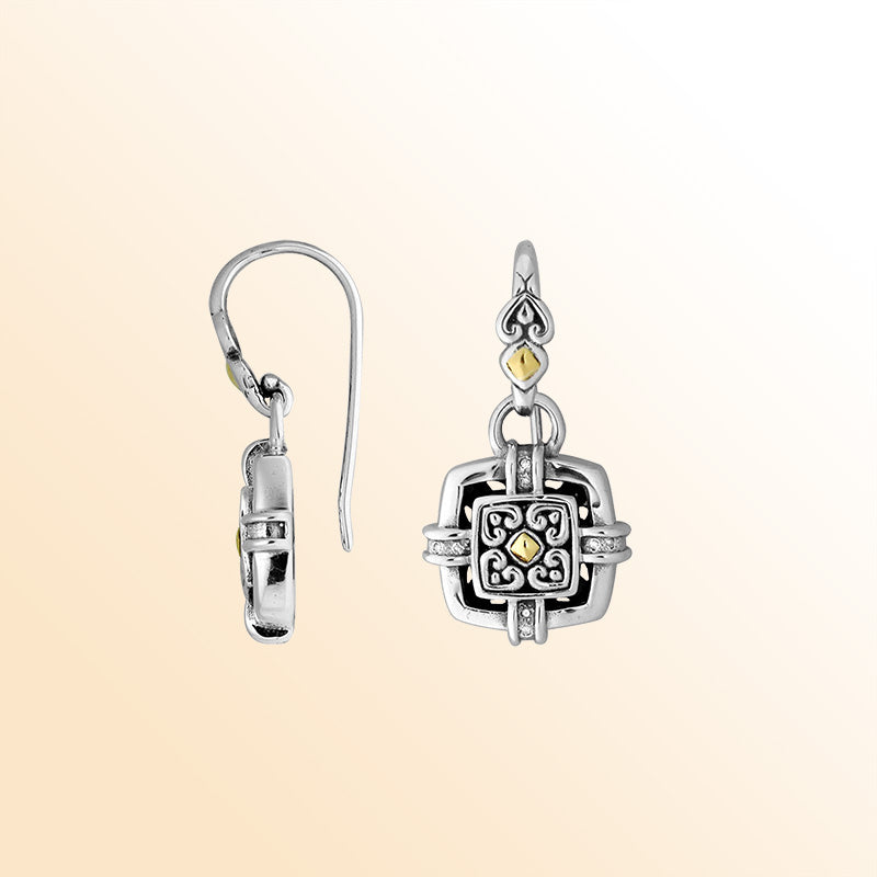 Handcrafted Sterling Silver With 18K Gold Square Heritage Earrings With Filigree Design And Diamond Highlights