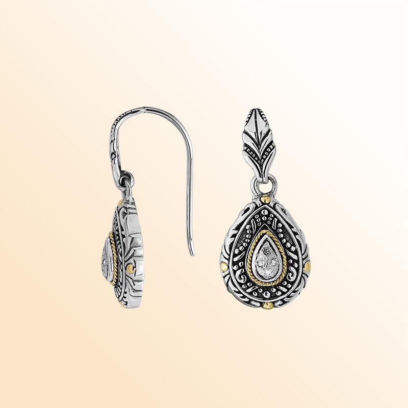 Handcrafted Sterling Silver With 18K Gold Teardrop Heritage Earrings With Diamond Center And Pattern Detailing