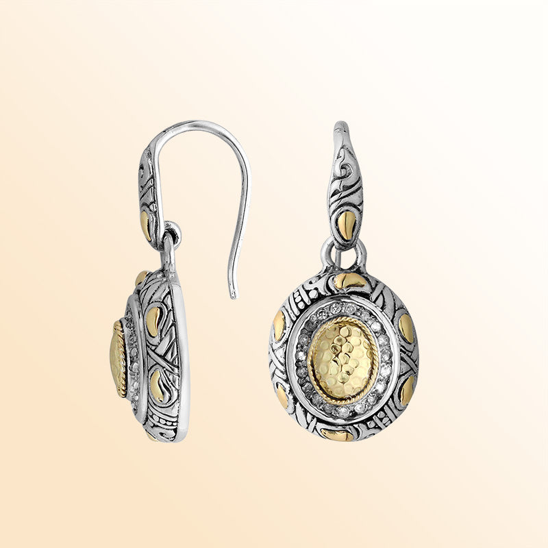 Handcrafted Sterling Silver With 18K Gold Oval Heritage Earrings With Hammered Center And Diamond Highlights
