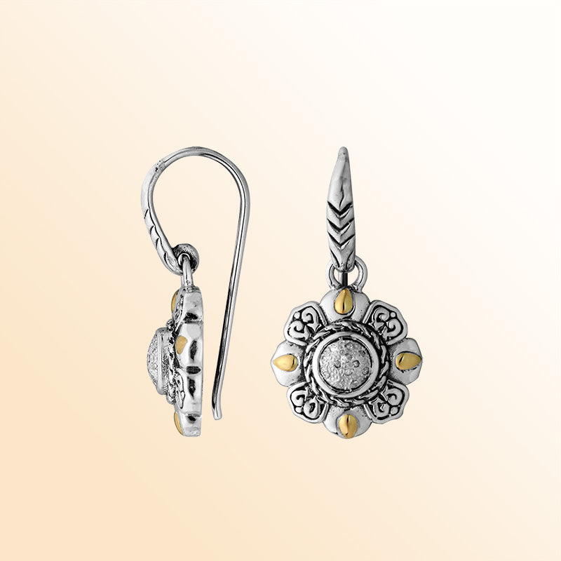 Handcrafted Sterling Silver With 18K Gold Floral Mandala Heritage Earrings With Diamond Center