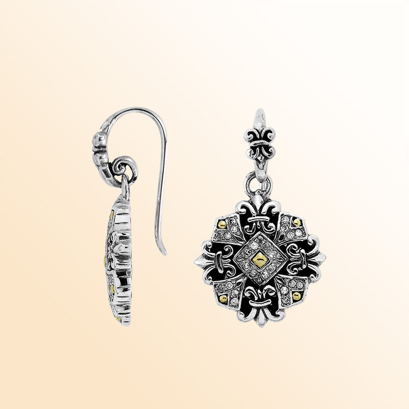 Handcrafted Sterling Silver With 18K Gold Cross Mandala Heritage Earrings With Diamond Highlights