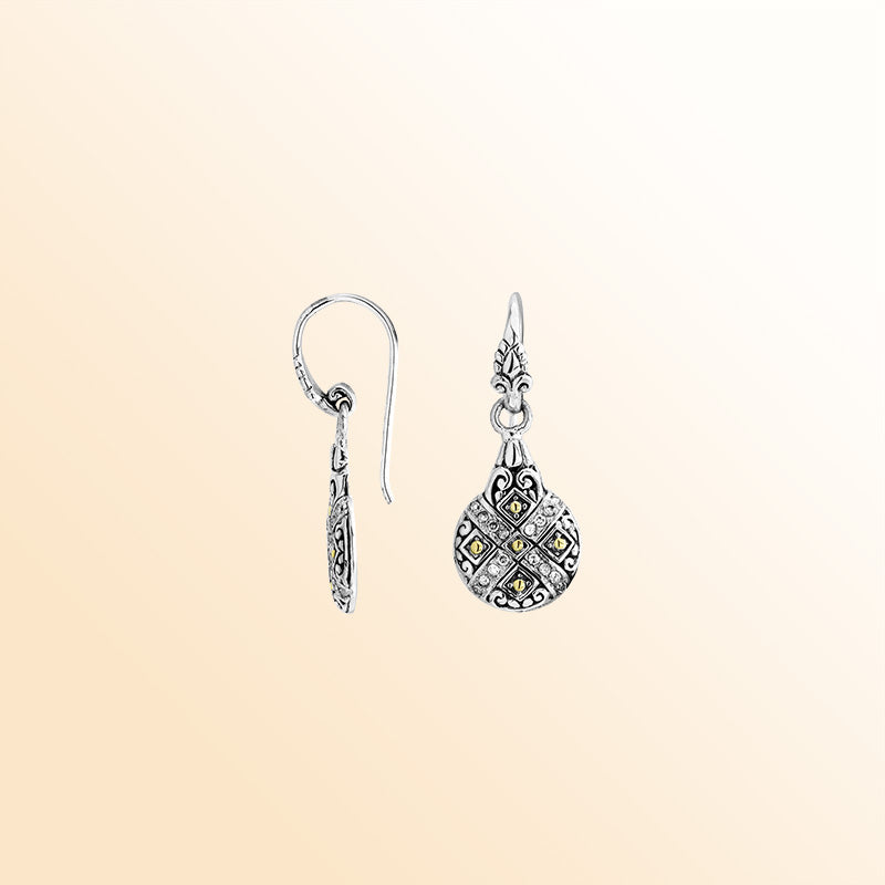 Handcrafted Sterling Silver With 18K Gold Oval Heritage Filigree Earrings With Diamond Accents