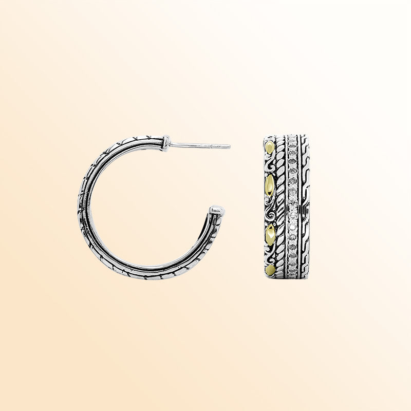 Handcrafted Sterling Silver With 18K Gold Pattern Heritage Hoop Earrings With Diamond Highlights