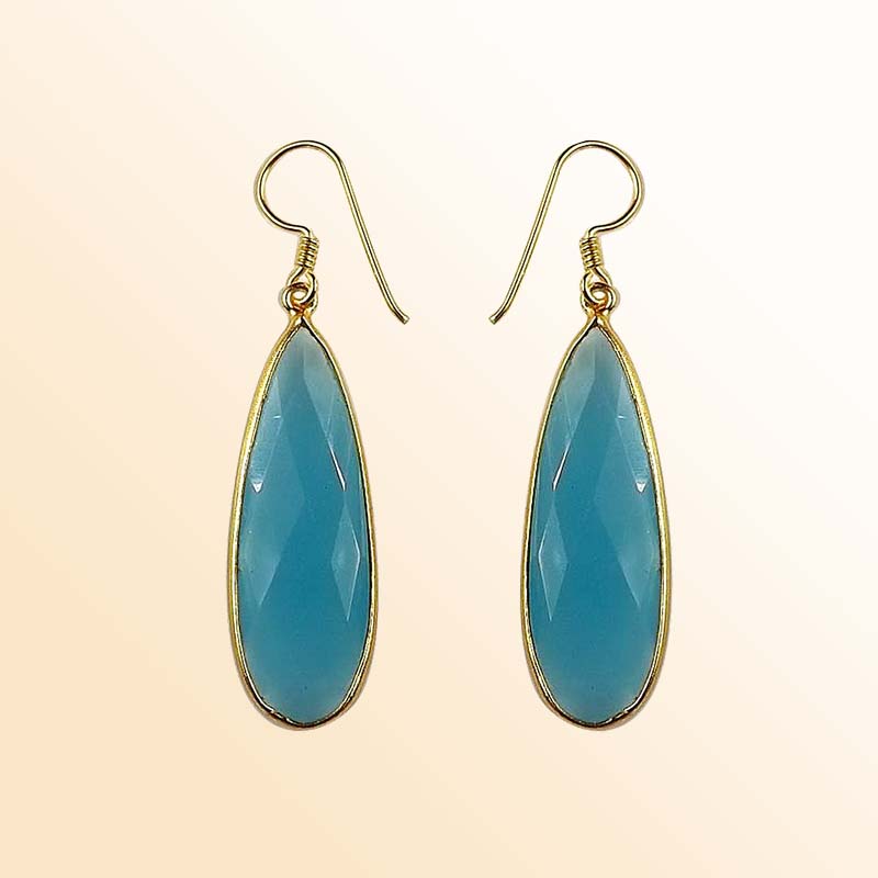 18K Gold Overlay Over Copper Long Teardrop Blue Chalcedony Quartz Modern Earrings