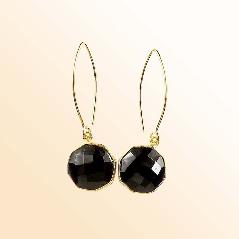 18K Gold Overlay Over Copper Faceted Round Black Onyx Modern Earrings