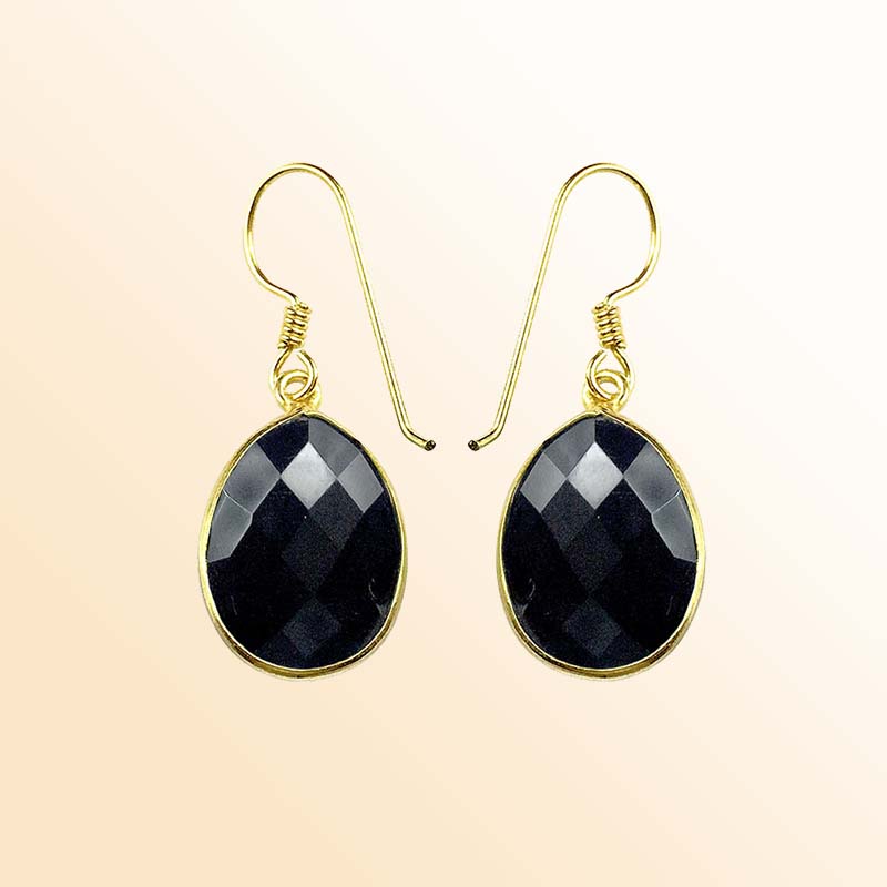 18K Gold Overlay Over Copper Faceted Oval Black Onyx Modern Earrings
