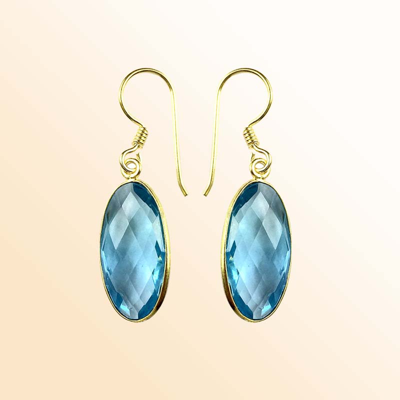 18K Gold Overlay Over Copper Long Oval Blue Topaz Quartz Modern Earrings
