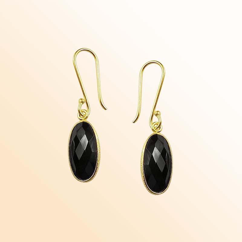 18K Gold Overlay Over Copper Long Oval Black Onyx Modern Earrings