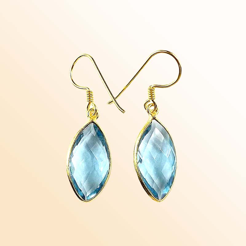 18K Gold Overlay Over Copper Blue Topaz Quartz Dangle Earrings