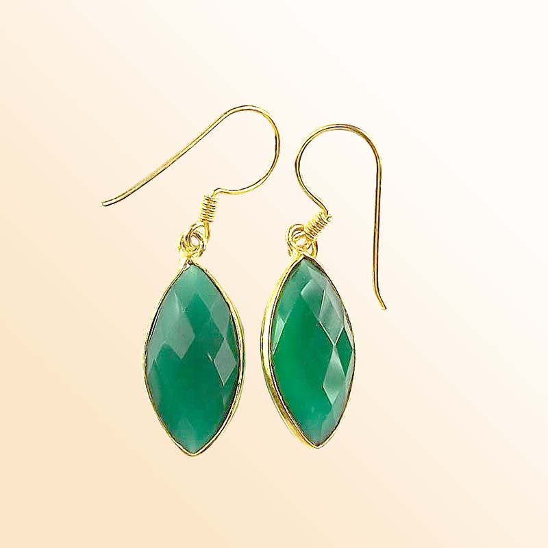 18K Gold Overlay Over Copper Green Onyx Marquise Dangle Earrings