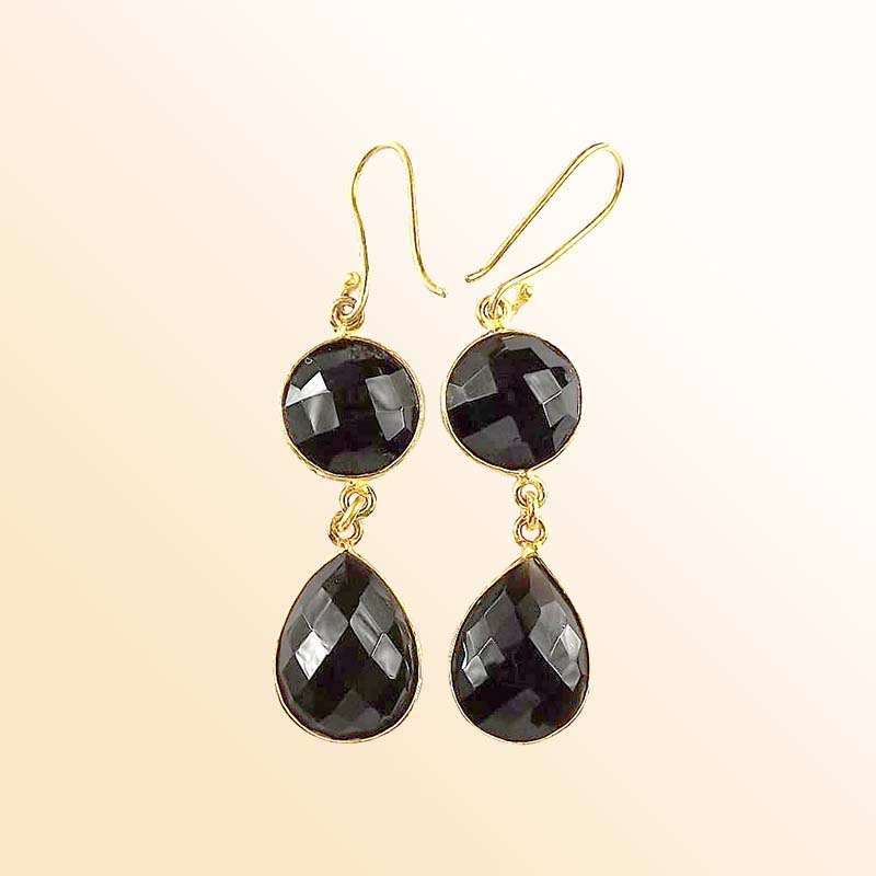 18K Gold Overlay Over Copper Double Black Onyx Statement Dangle Earrings