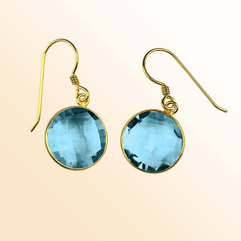 18K Gold Overlay Over Copper Round Blue Topaz Quartz Dangle Earrings