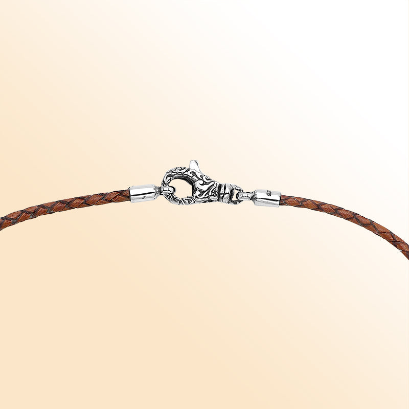 Handmade cognac brown braided leather necklace cord with sterling silver clasp, unisex artisan jewelry from Bali