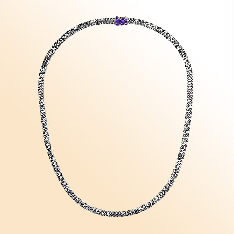 Handmade sterling silver woven chain necklace with blue topaz quartz centerpiece, artisan jewelry from Bali