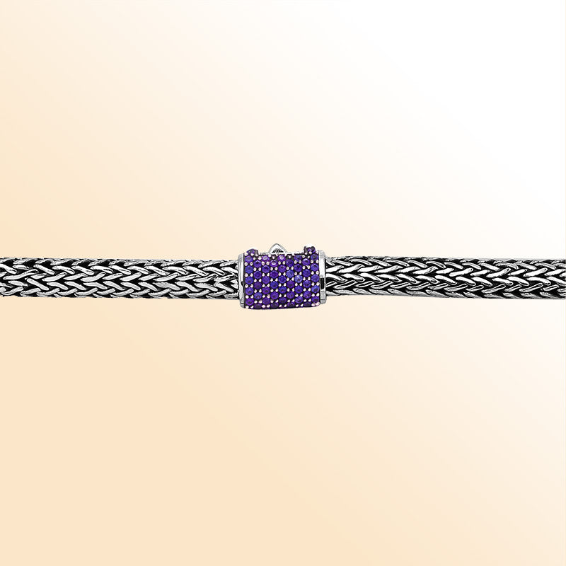 Handmade sterling silver woven chain necklace with blue topaz quartz centerpiece, artisan jewelry from Bali
