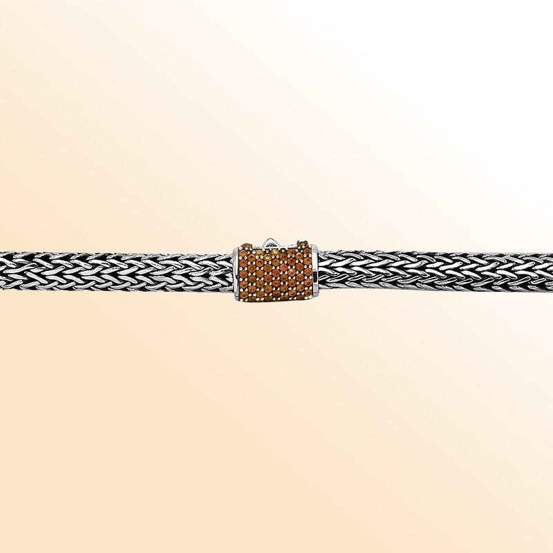 Handmade sterling silver woven chain necklace with citrine quartz centerpiece, artisan jewelry from Bali