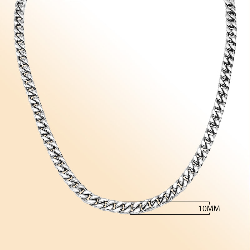 Sterling silver Cuban link chain necklace with black cubic zirconia accent and bold polished links.