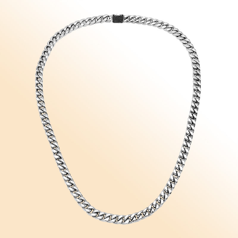 Sterling silver Cuban link chain necklace with black cubic zirconia accent and bold polished links.