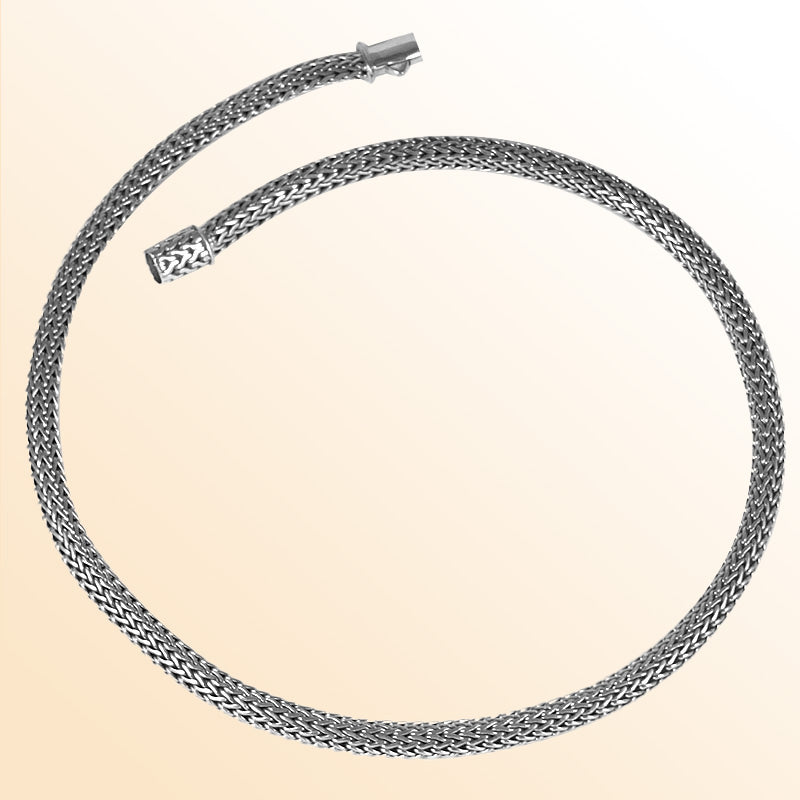 Sterling silver wheat chain necklace with polished and oxidized finish, artisan handcrafted in Bali.