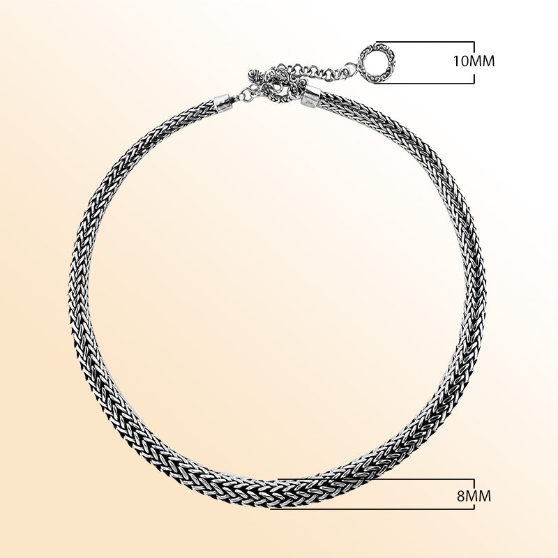 Handcrafted sterling silver 8x10MM graduated wheat chain necklace with artisan clasp, made in Bali.