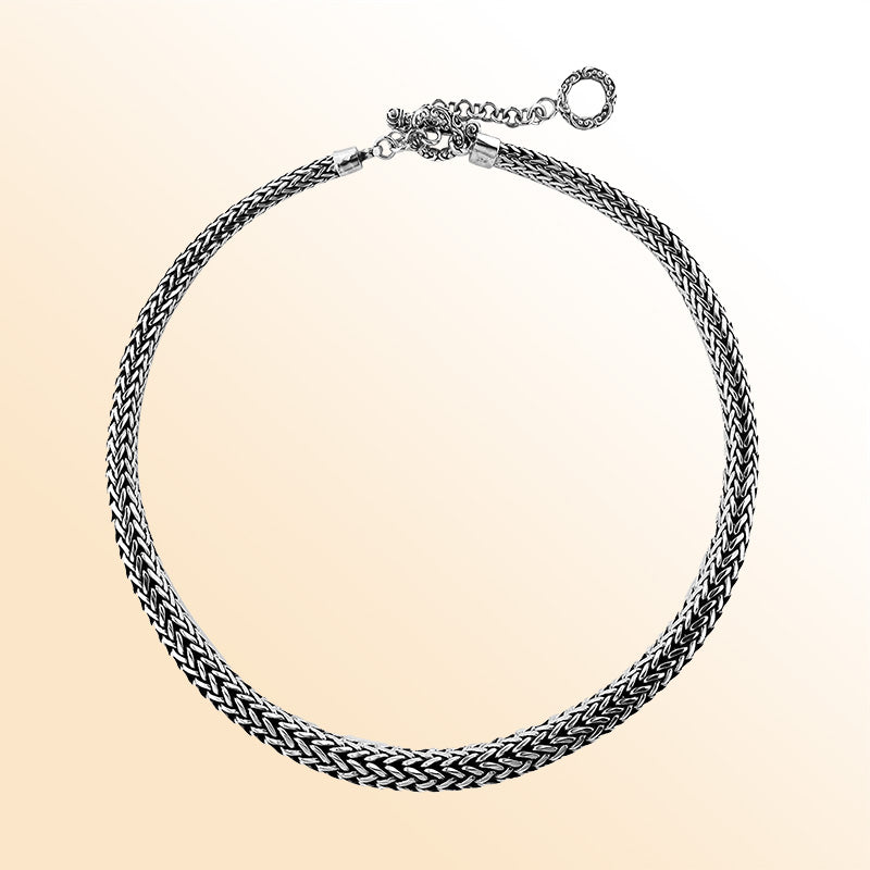 Handcrafted sterling silver 8x10MM graduated wheat chain necklace with artisan clasp, made in Bali.