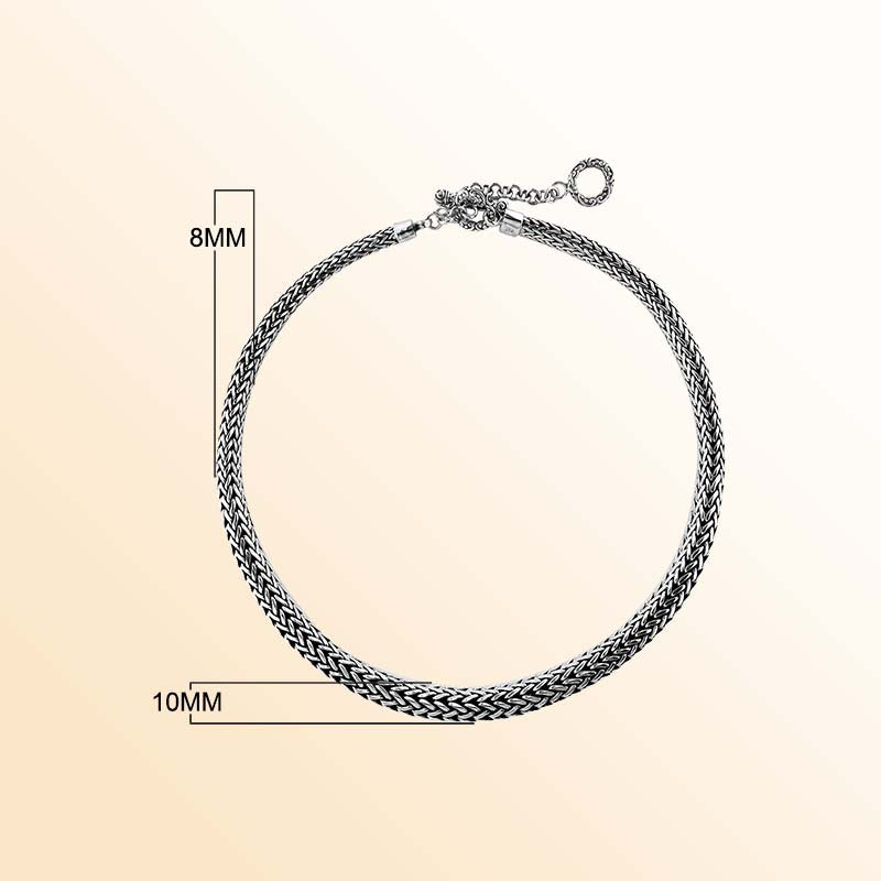 Handcrafted sterling silver 8x10MM graduated wheat chain necklace with artisan clasp, made in Bali.