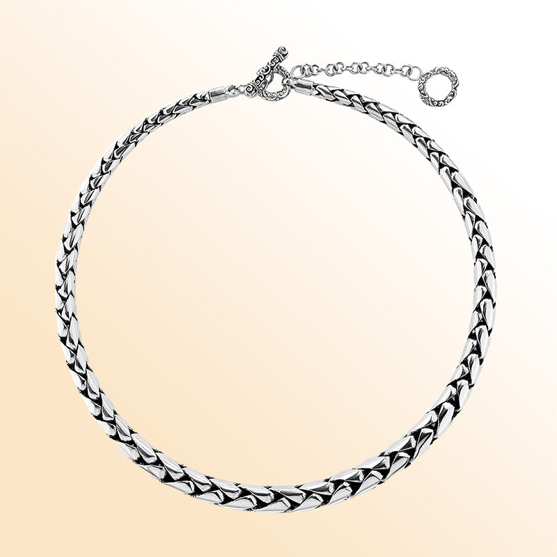 Handcrafted sterling silver graduated chain necklace with artisan toggle clasp and oxidized-polished finish, made in Bali.