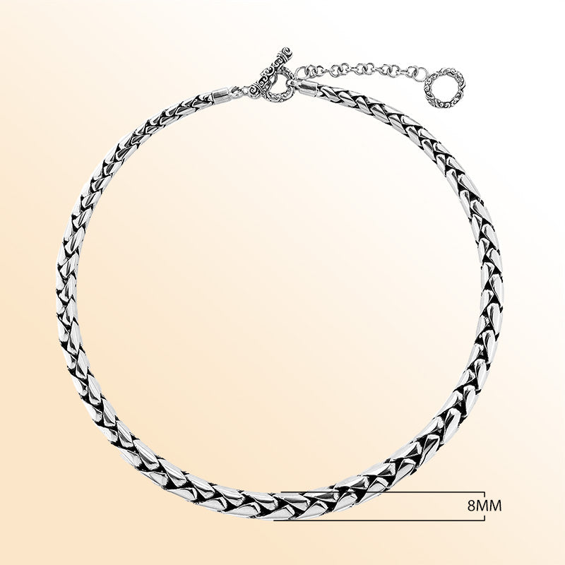 Handcrafted sterling silver graduated chain necklace with artisan toggle clasp and oxidized-polished finish, made in Bali.