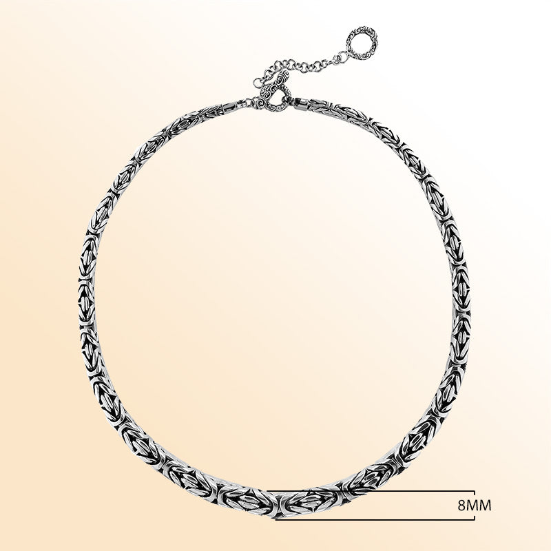 Handcrafted sterling silver graduated round woven chain necklace with oxidized-polished finish and artisan clasp, made in Bali.