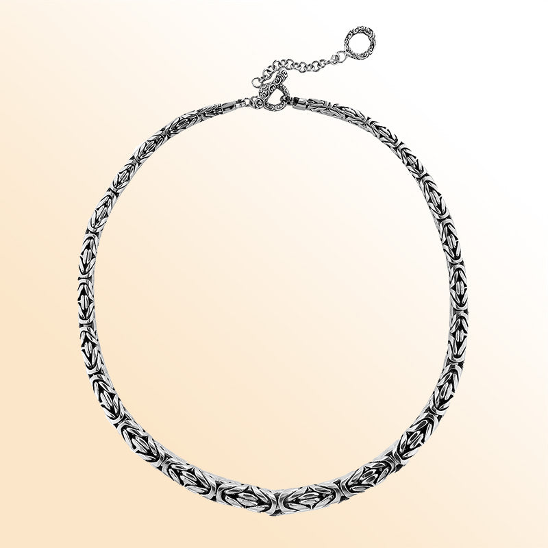Handcrafted sterling silver graduated round woven chain necklace with oxidized-polished finish and artisan clasp, made in Bali.