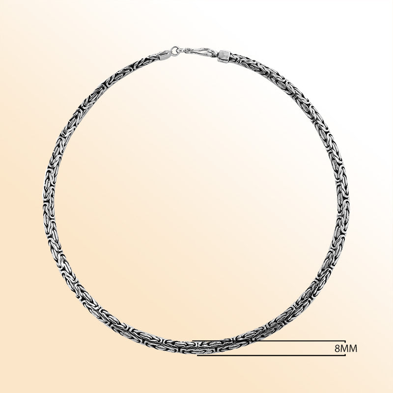 Handcrafted sterling silver woven chain necklace with oxidized-polished finish and artisan clasp, made in Bali.