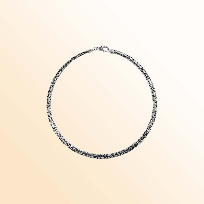 Handcrafted sterling silver woven chain necklace with oxidized-polished finish and artisan clasp, made in Bali.