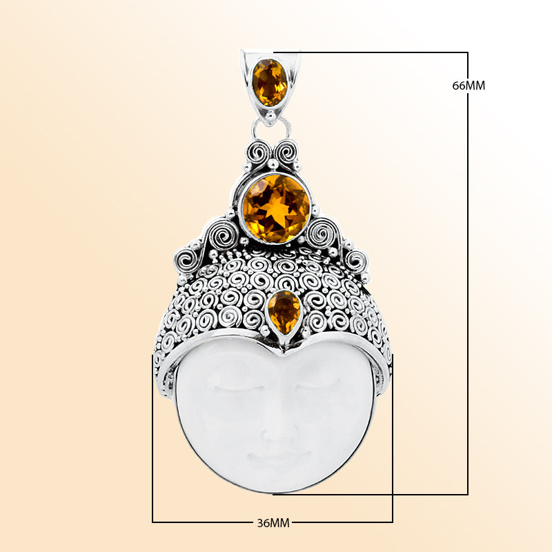 Sterling silver pendant with hand-carved white shell moon face and faceted Citrine Quartz, Bali scrollwork artisan jewelry for orders.