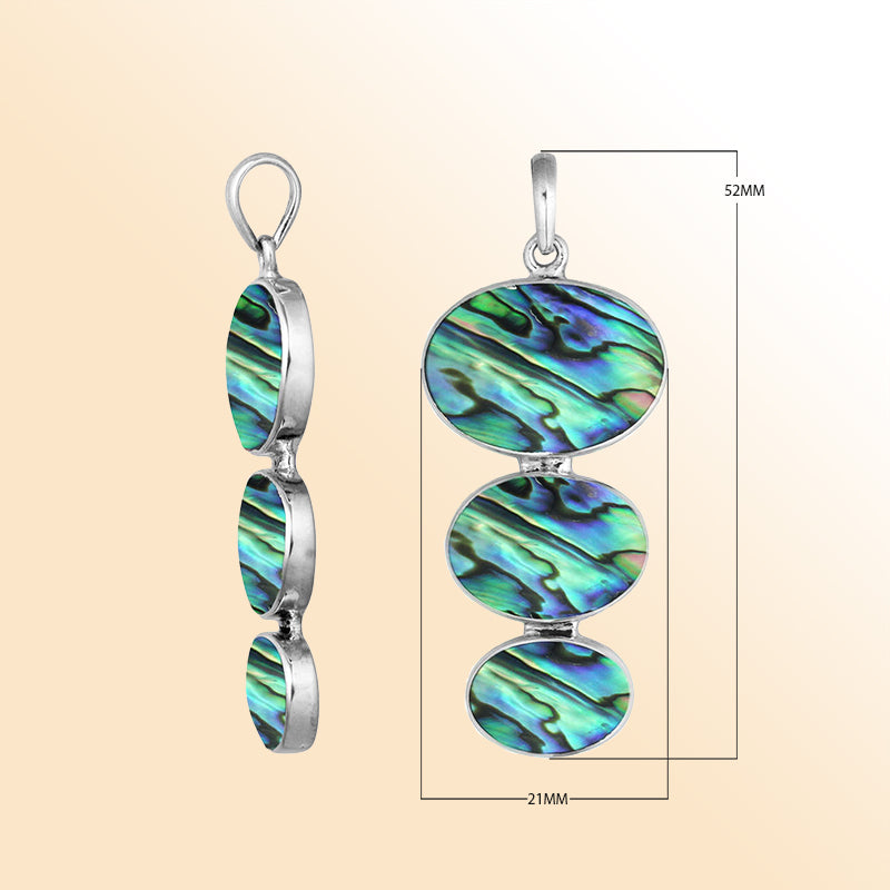 Handcrafted sterling silver pendant with three oval abalone shells, shimmering in vibrant ocean-inspired colors.