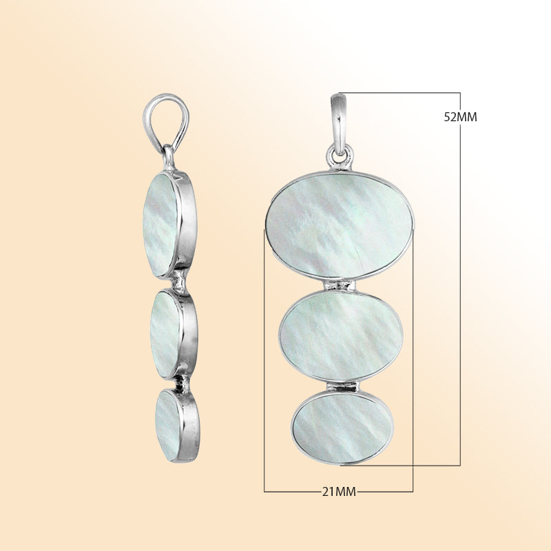 Handcrafted sterling silver pendant with three oval Mother of Pearl , luminous Bali jewelry for elegant everyday wear.  
