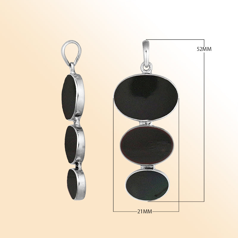 Handcrafted sterling silver pendant with three oval black shell stones, artisan Bali jewelry for bold and elegant style.